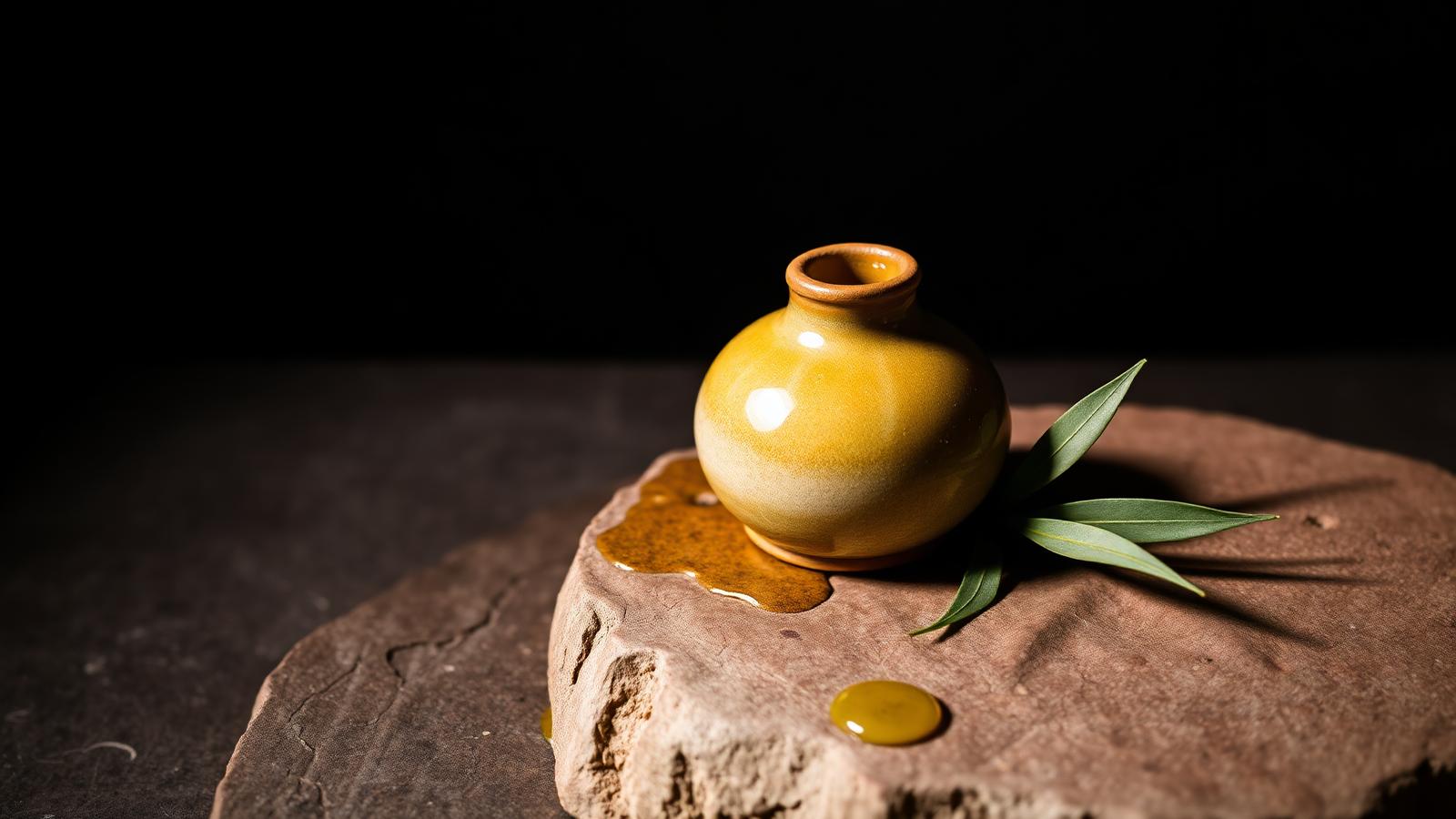 Small earthenware vessel of green-gold olive oil on a stone slab with olive leaves.