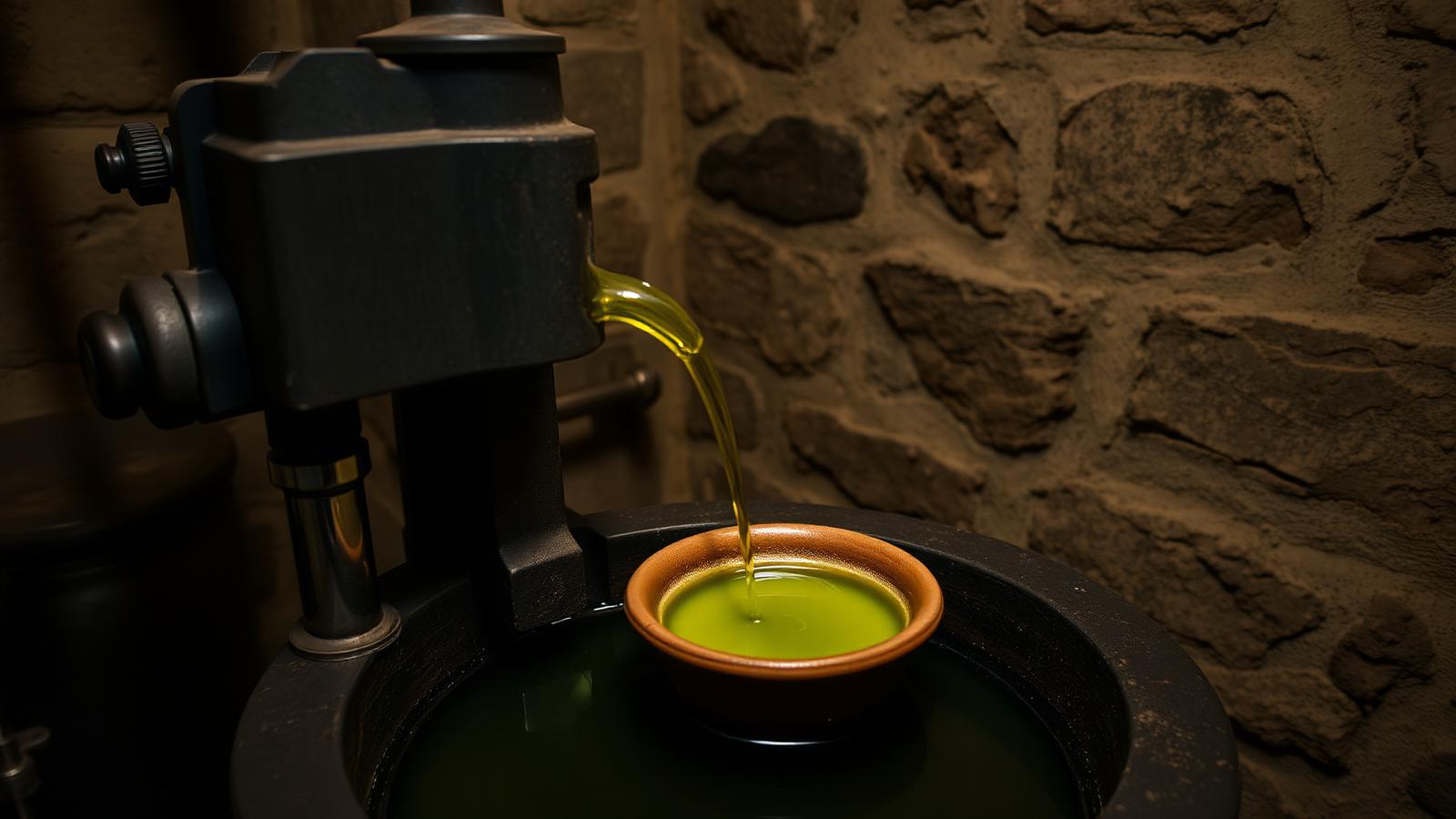 Interior of a small Alentejo lagar, green-gold oil pouring into a ceramic bowl.