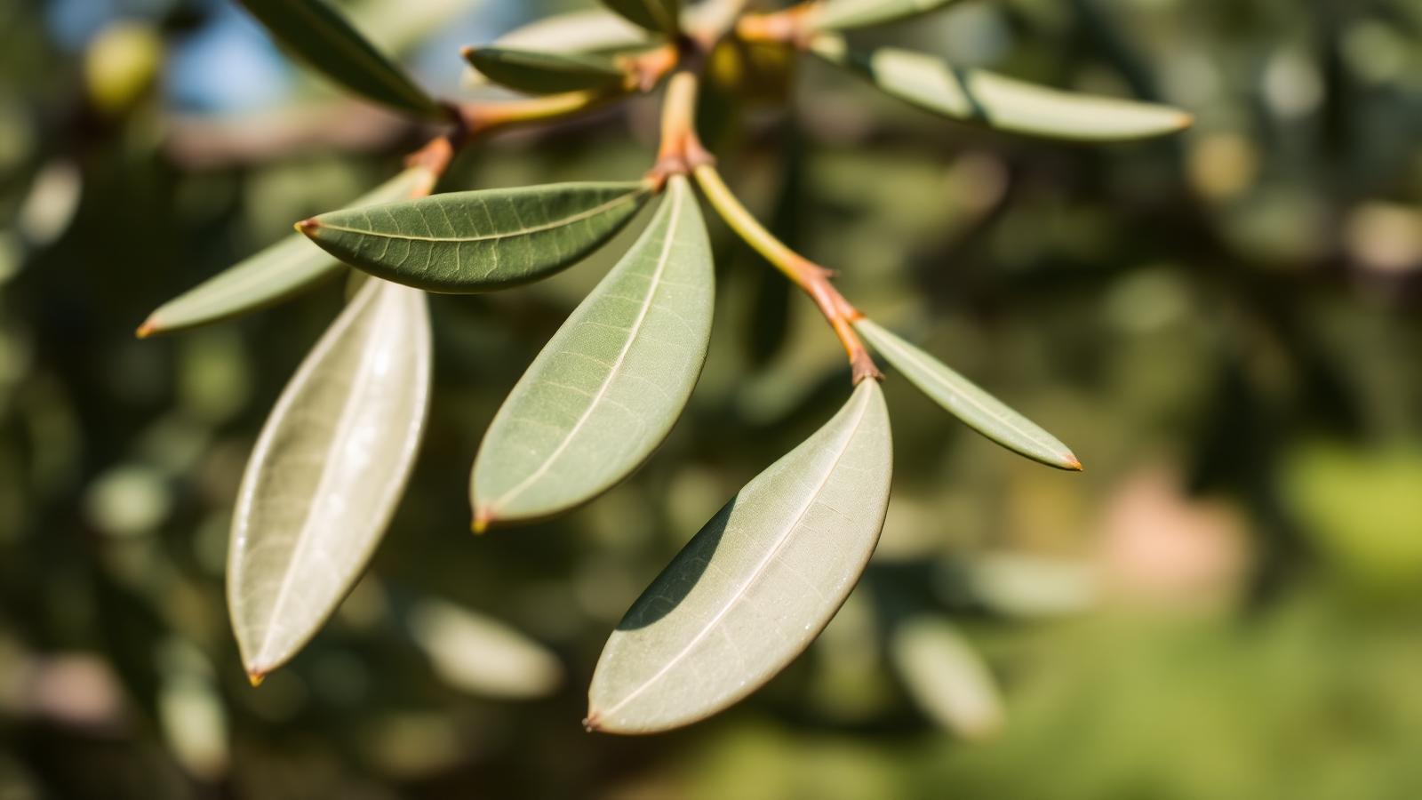 Macro of olive leaves catching wind — silver underside and green top.